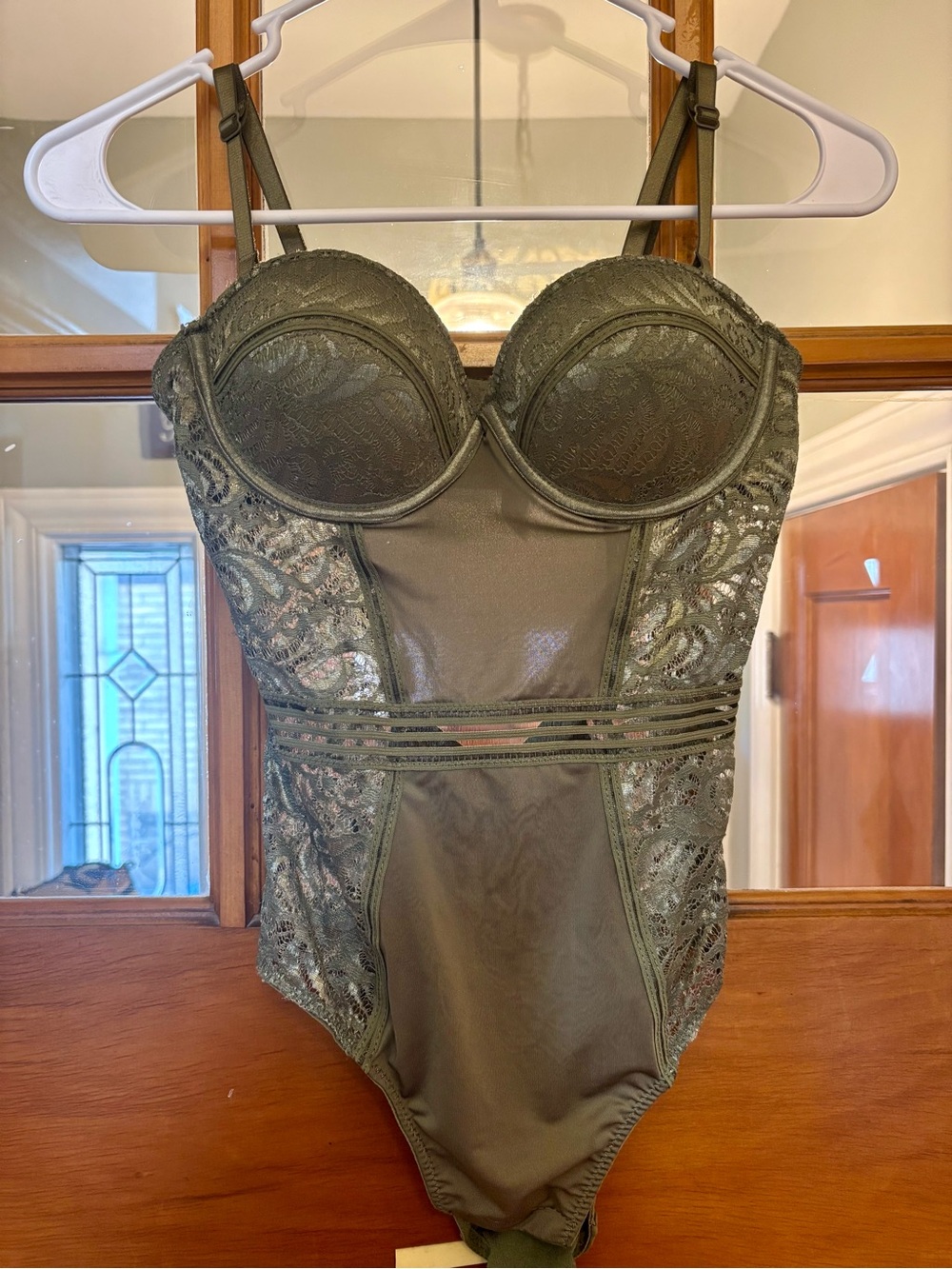Olive Green Lace-Trim Bodysuit